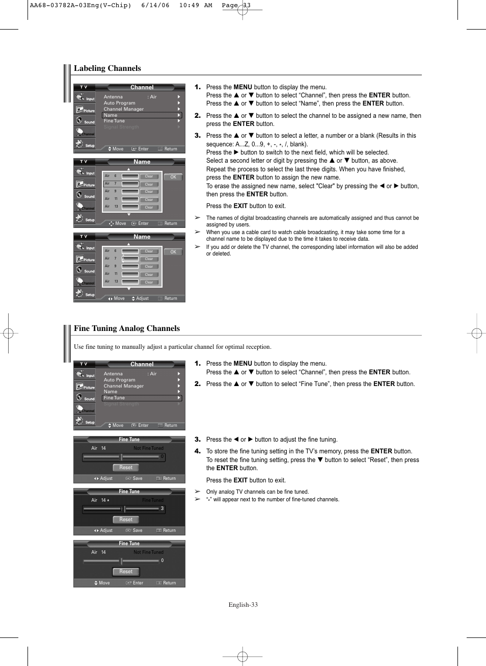 Labeling channels, Fine tuning analog channels, English-33 | Samsung TXR3079WHKXXAC User Manual | Page 33 / 52