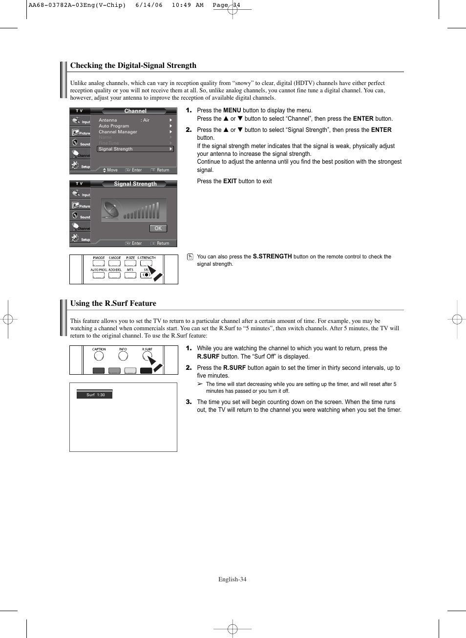 Checking the digital-signal strength, Using the r.surf feature | Samsung TXR3079WHKXXAC User Manual | Page 34 / 52