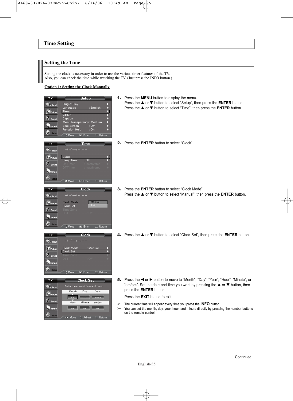 Time setting, Setting the time | Samsung TXR3079WHKXXAC User Manual | Page 35 / 52