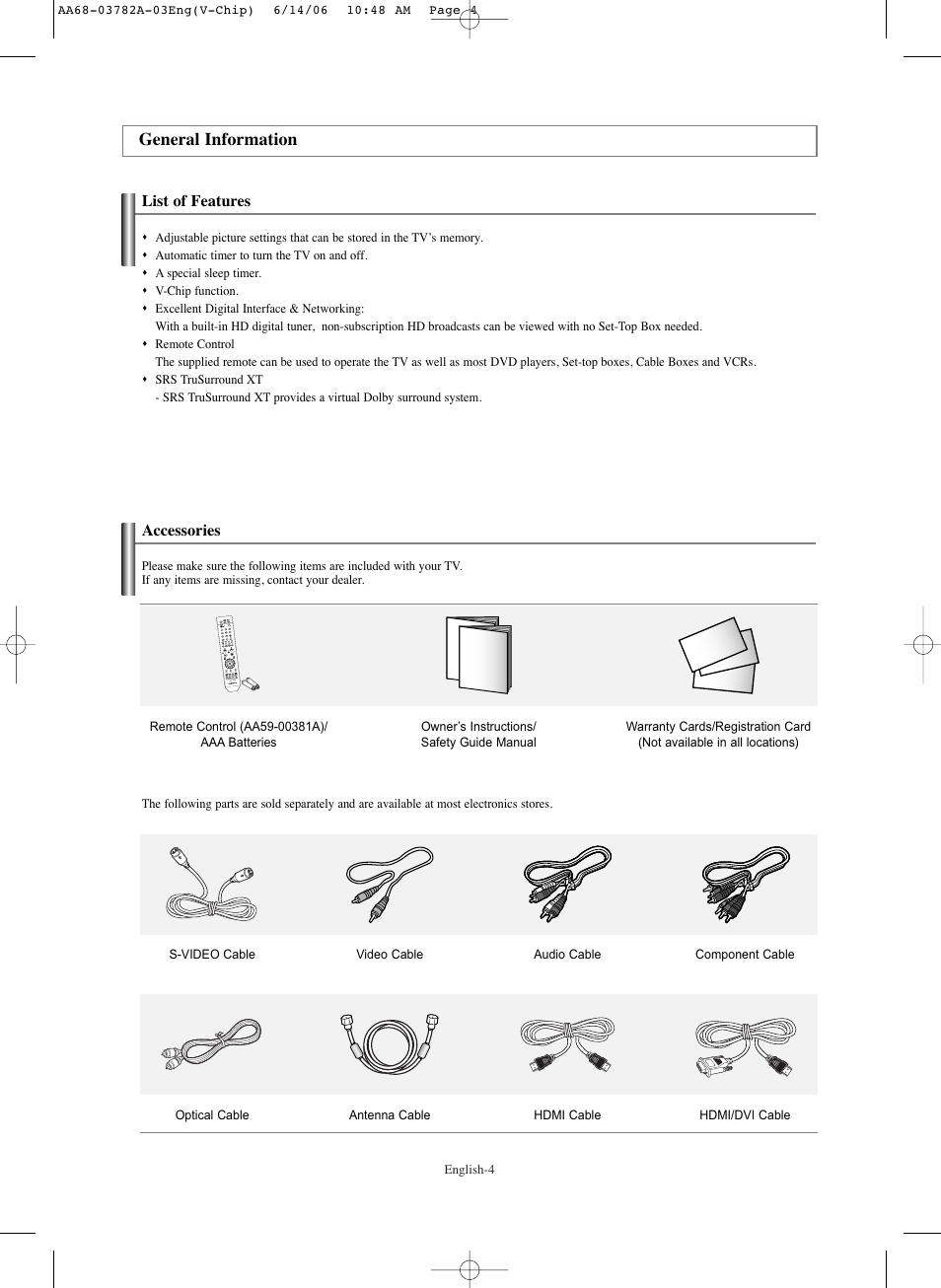 General information, List of features, Accessories | Samsung TXR3079WHKXXAC User Manual | Page 4 / 52