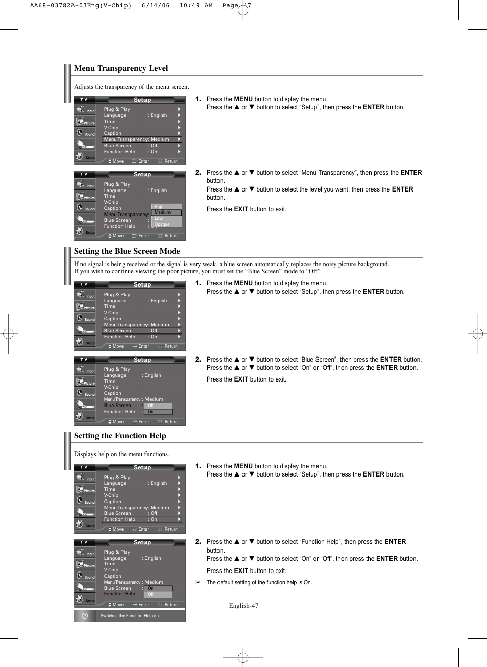 Menu transparency level, Setting the blue screen mode, Setting the function help | Samsung TXR3079WHKXXAC User Manual | Page 47 / 52