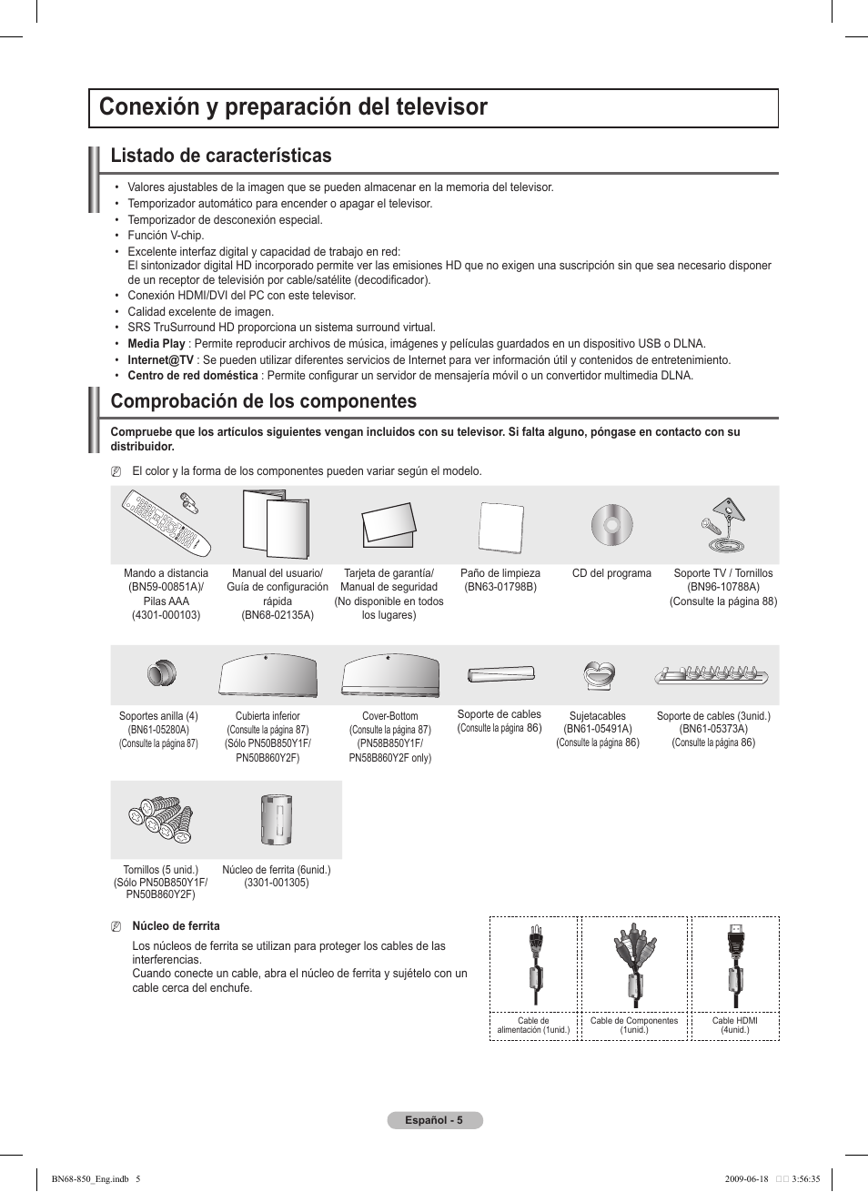 Conexión y preparación del televisor, Listado de características, Comprobación de los componentes | Samsung PN50B860Y2FXZA User Manual | Page 105 / 284
