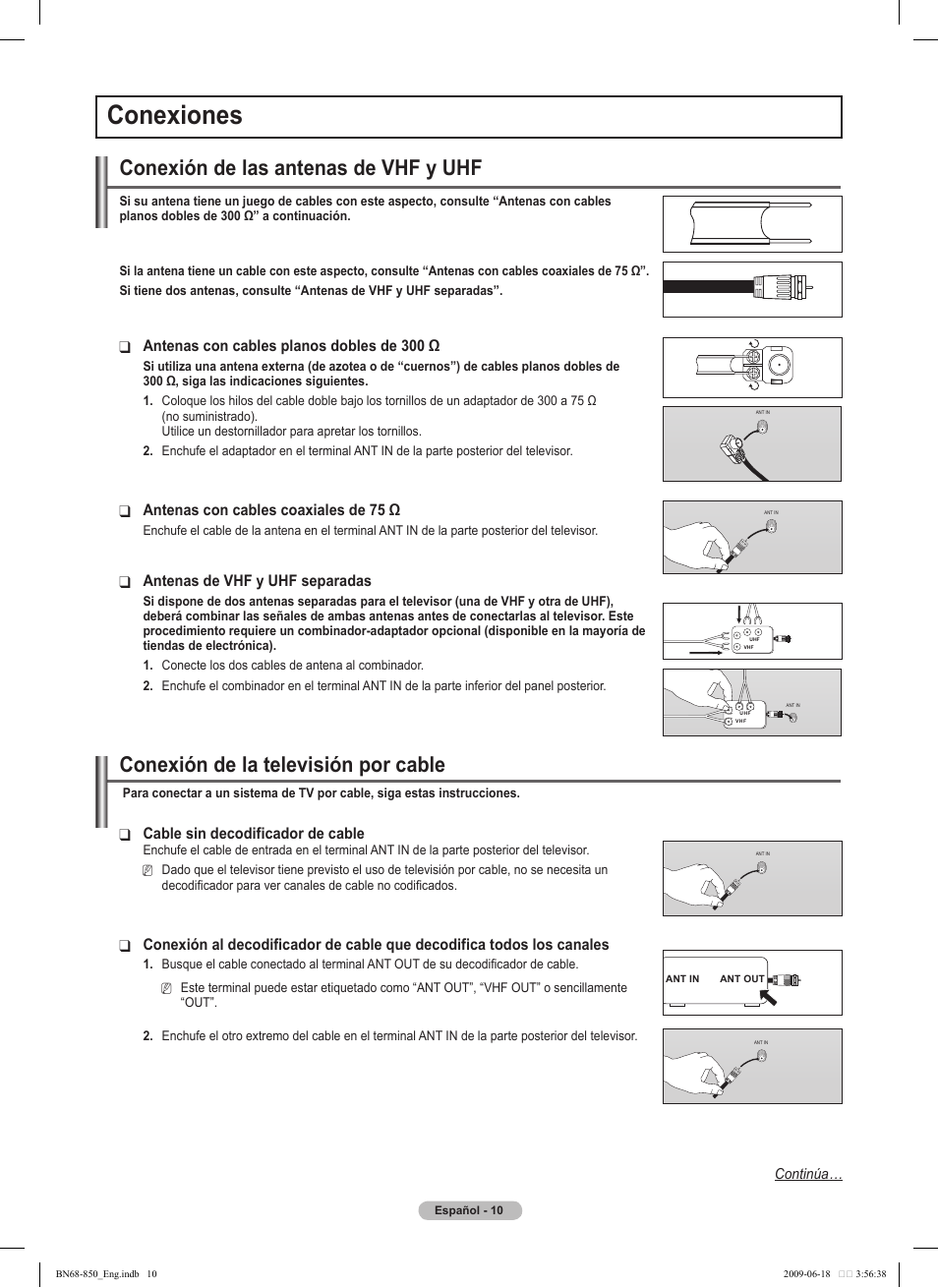 Conexiones, Conexión de las antenas de vhf y uhf, Conexión de la televisión por cable | Samsung PN50B860Y2FXZA User Manual | Page 110 / 284