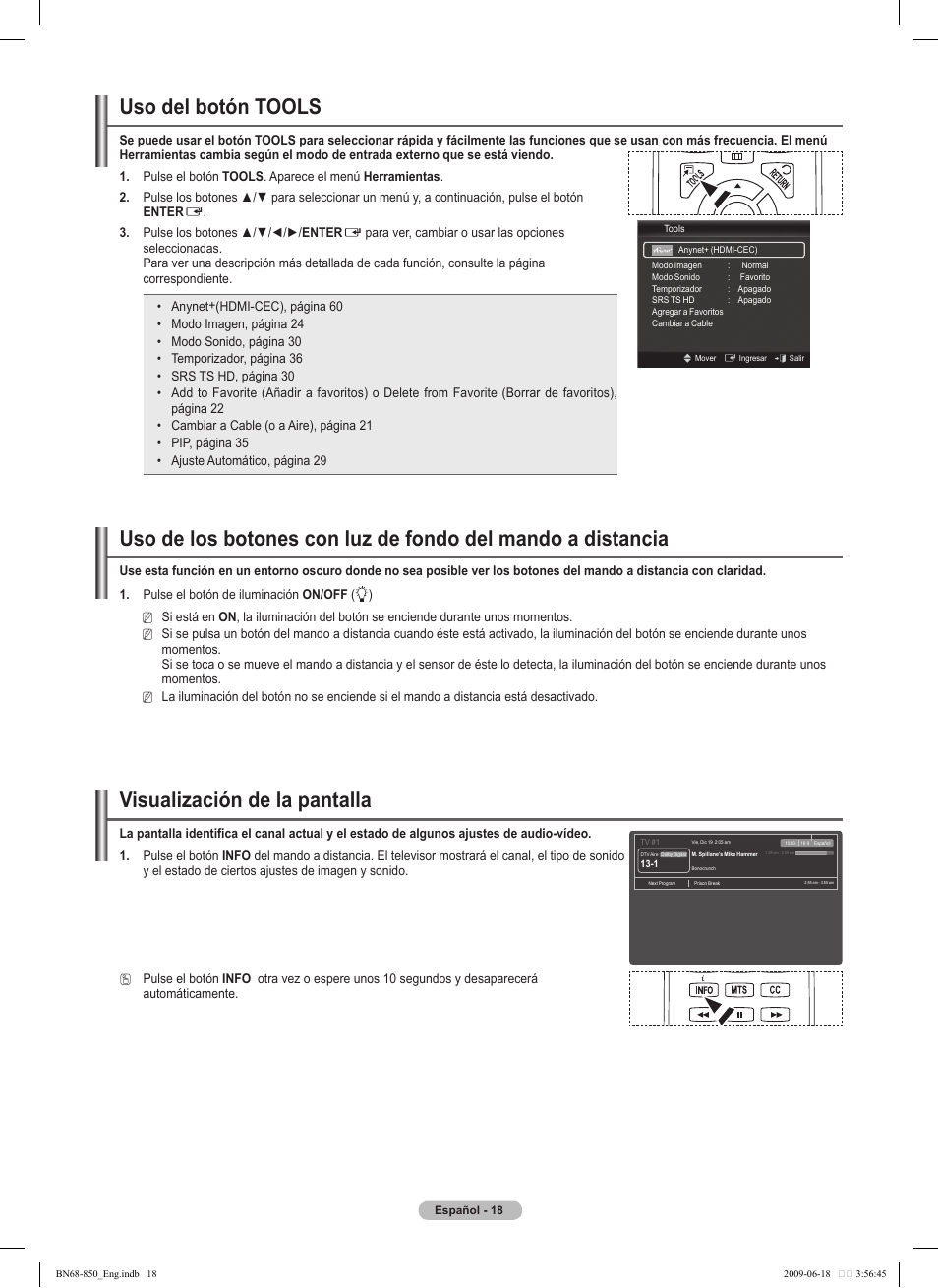 Visualización de la pantalla, Uso del botón tools | Samsung PN50B860Y2FXZA User Manual | Page 118 / 284