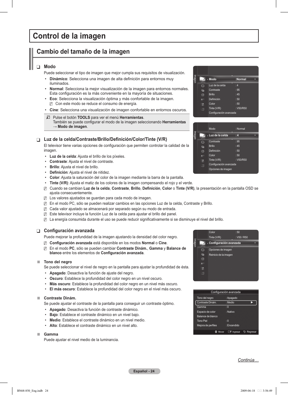 Control de la imagen, Cambio del tamaño de la imagen, Modo | Configuración avanzada | Samsung PN50B860Y2FXZA User Manual | Page 124 / 284