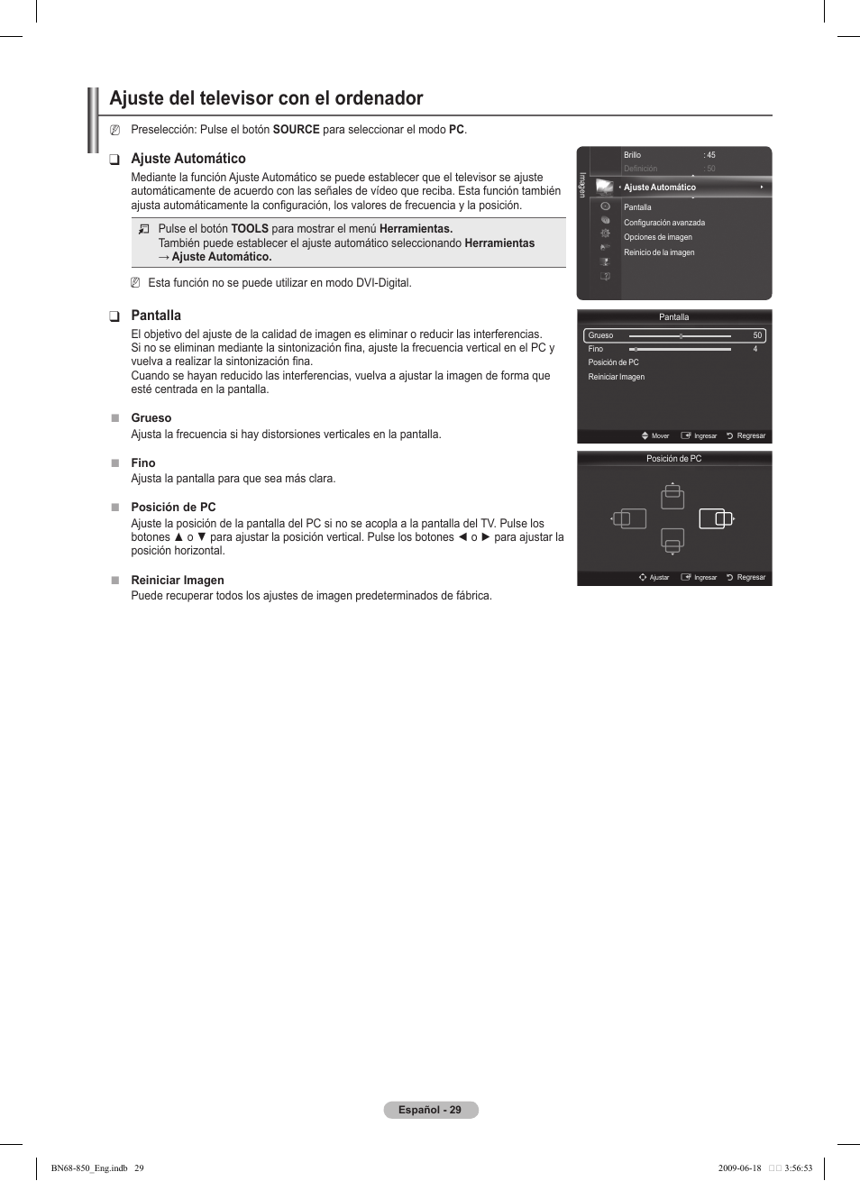 Ajuste del televisor con el ordenador, Ajuste automático, Pantalla | Samsung PN50B860Y2FXZA User Manual | Page 129 / 284