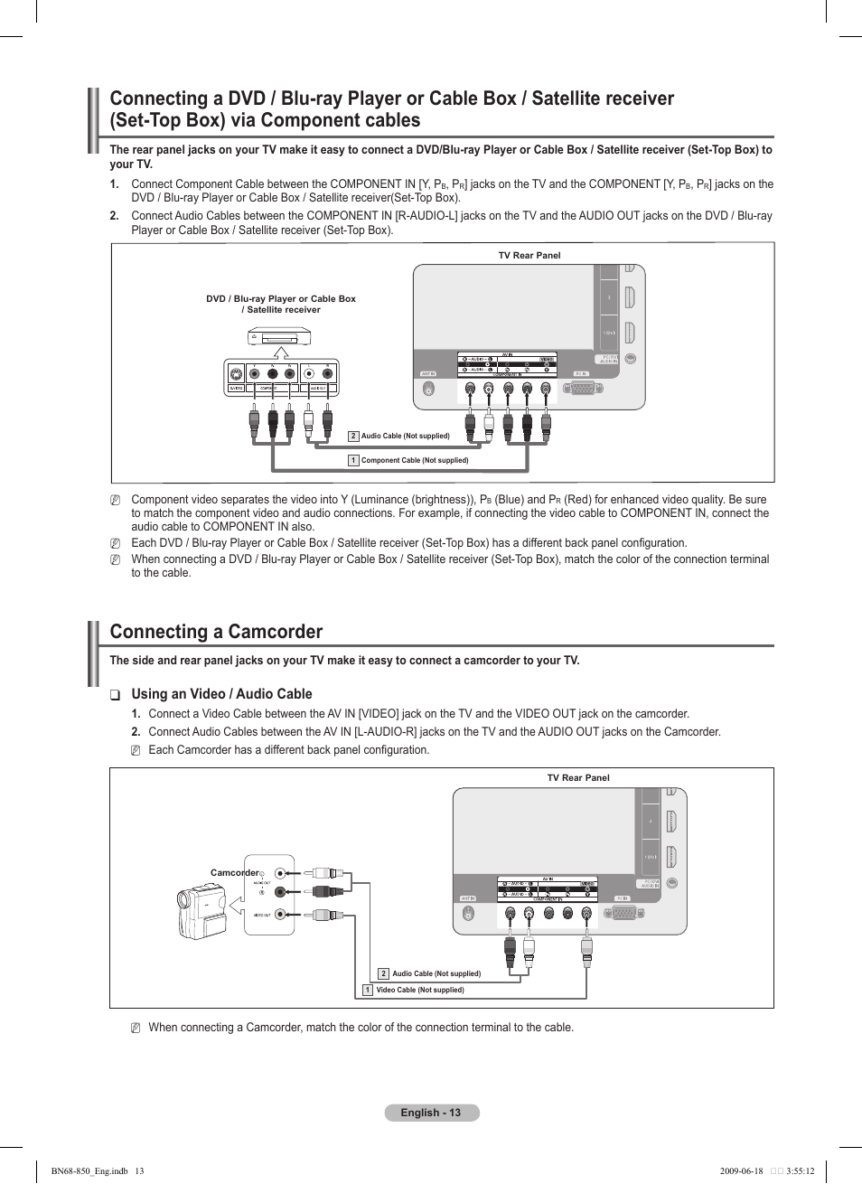 Connecting a camcorder, Using an video / audio cable | Samsung PN50B860Y2FXZA User Manual | Page 13 / 284