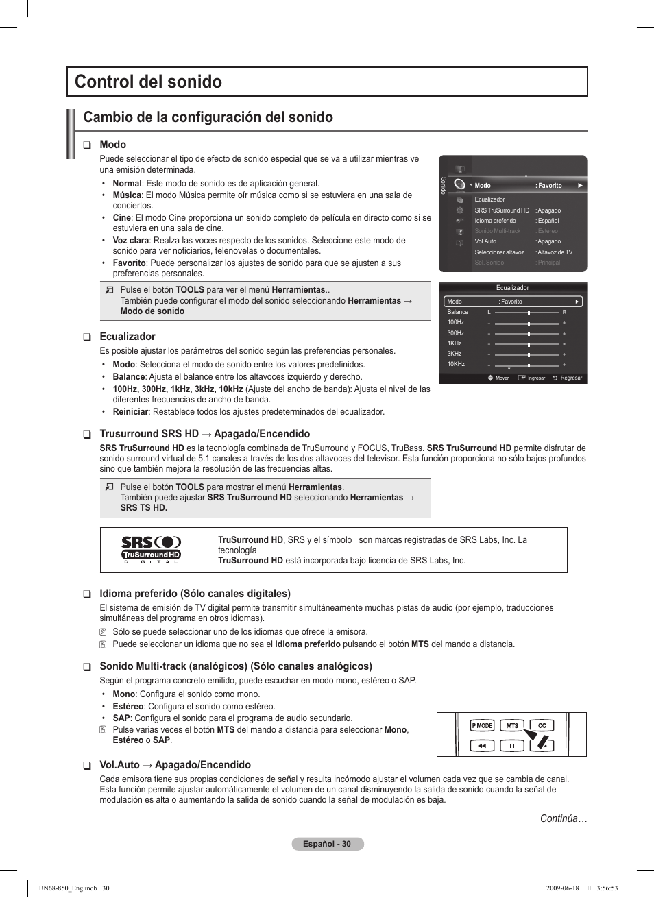 Control del sonido, Cambio de la configuración del sonido, Modo | Ecualizador, Trusurroundsrshd→apagado/encendido, Idioma preferido (sólo canales digitales), Vol.auto→apagado/encendido | Samsung PN50B860Y2FXZA User Manual | Page 130 / 284