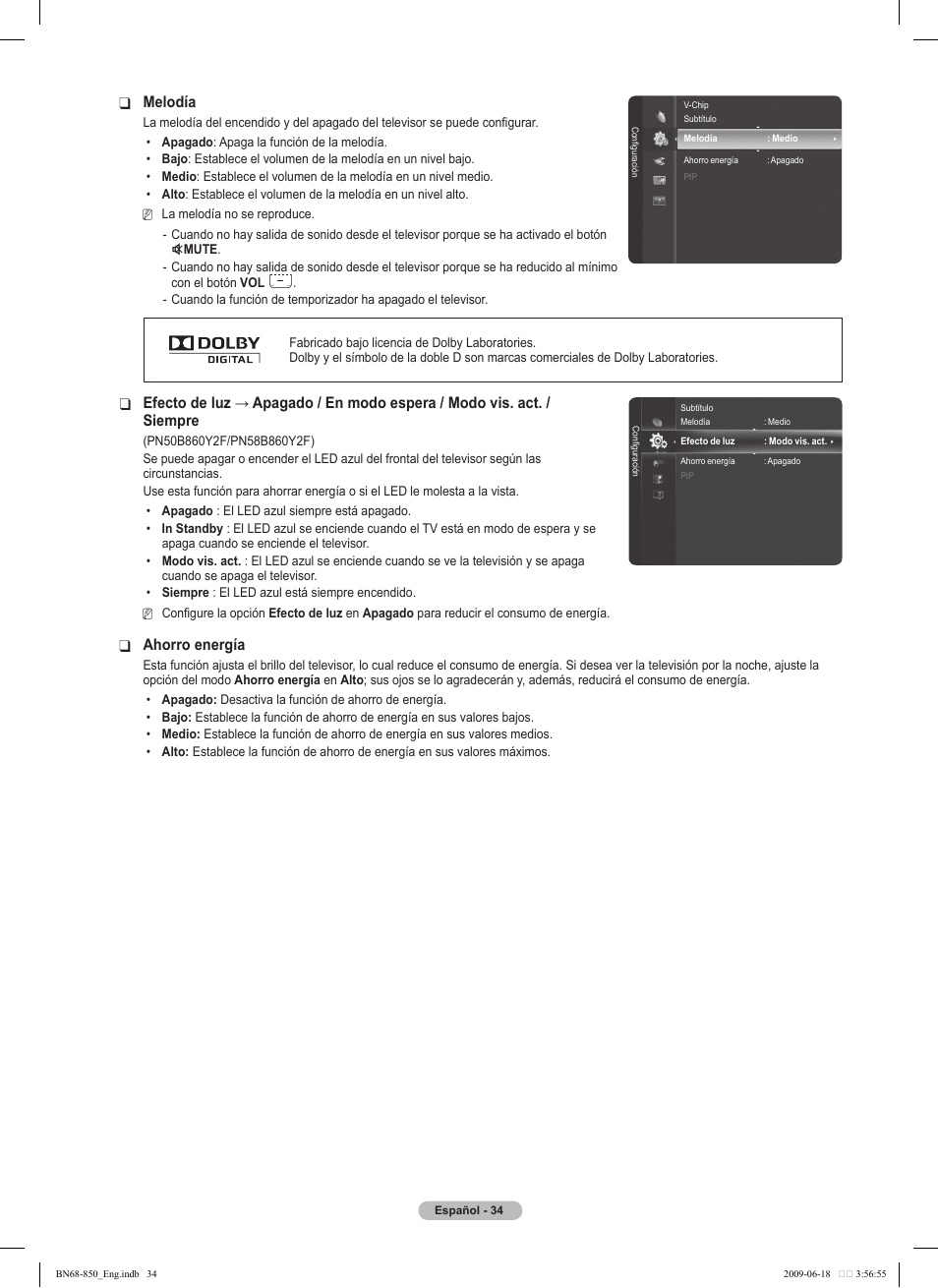 Melodía, Ahorro energía | Samsung PN50B860Y2FXZA User Manual | Page 134 / 284