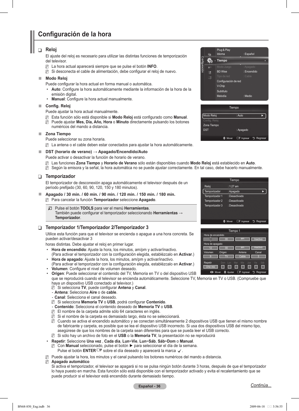 Configuración de la hora, Reloj, Temporizador | Temporizador 1/temporizador 2/temporizador 3, Continúa | Samsung PN50B860Y2FXZA User Manual | Page 136 / 284