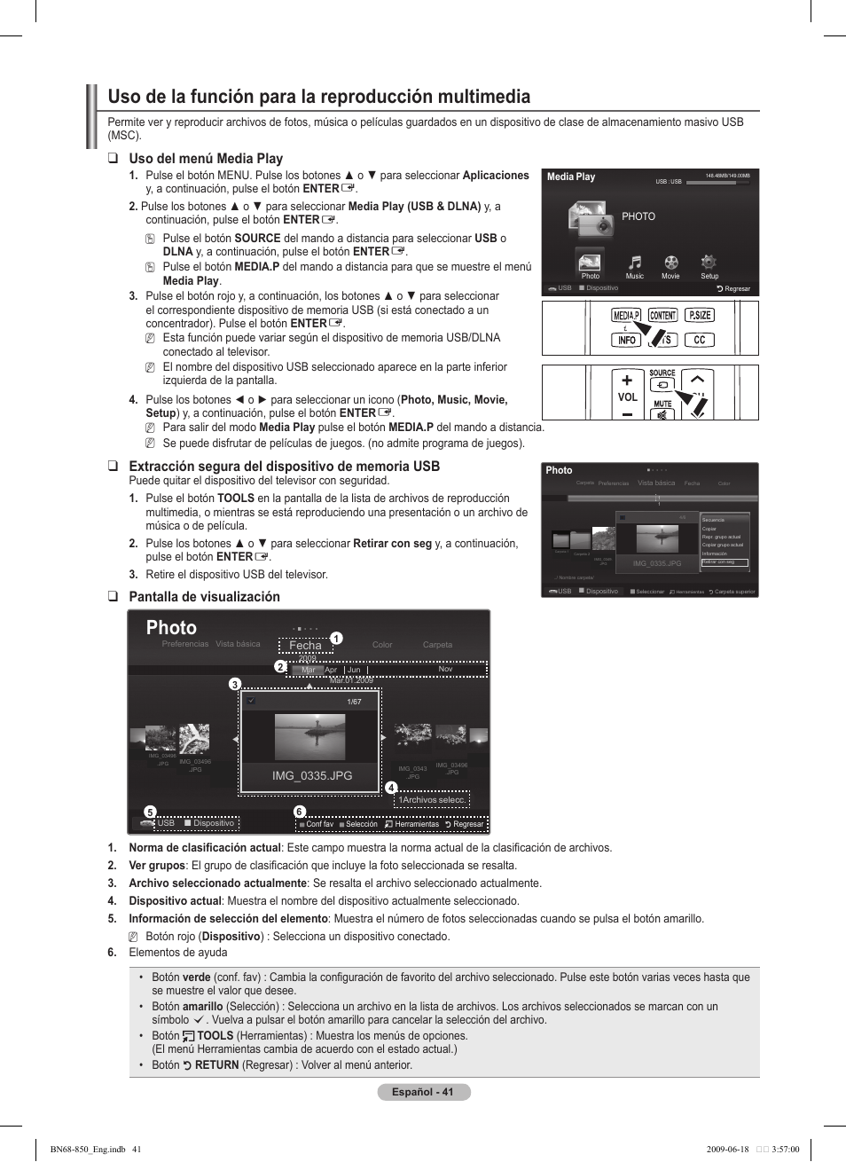 Uso de la función para la reproducción multimedia, Photo, Uso del menú media play | Pantalla de visualización | Samsung PN50B860Y2FXZA User Manual | Page 141 / 284