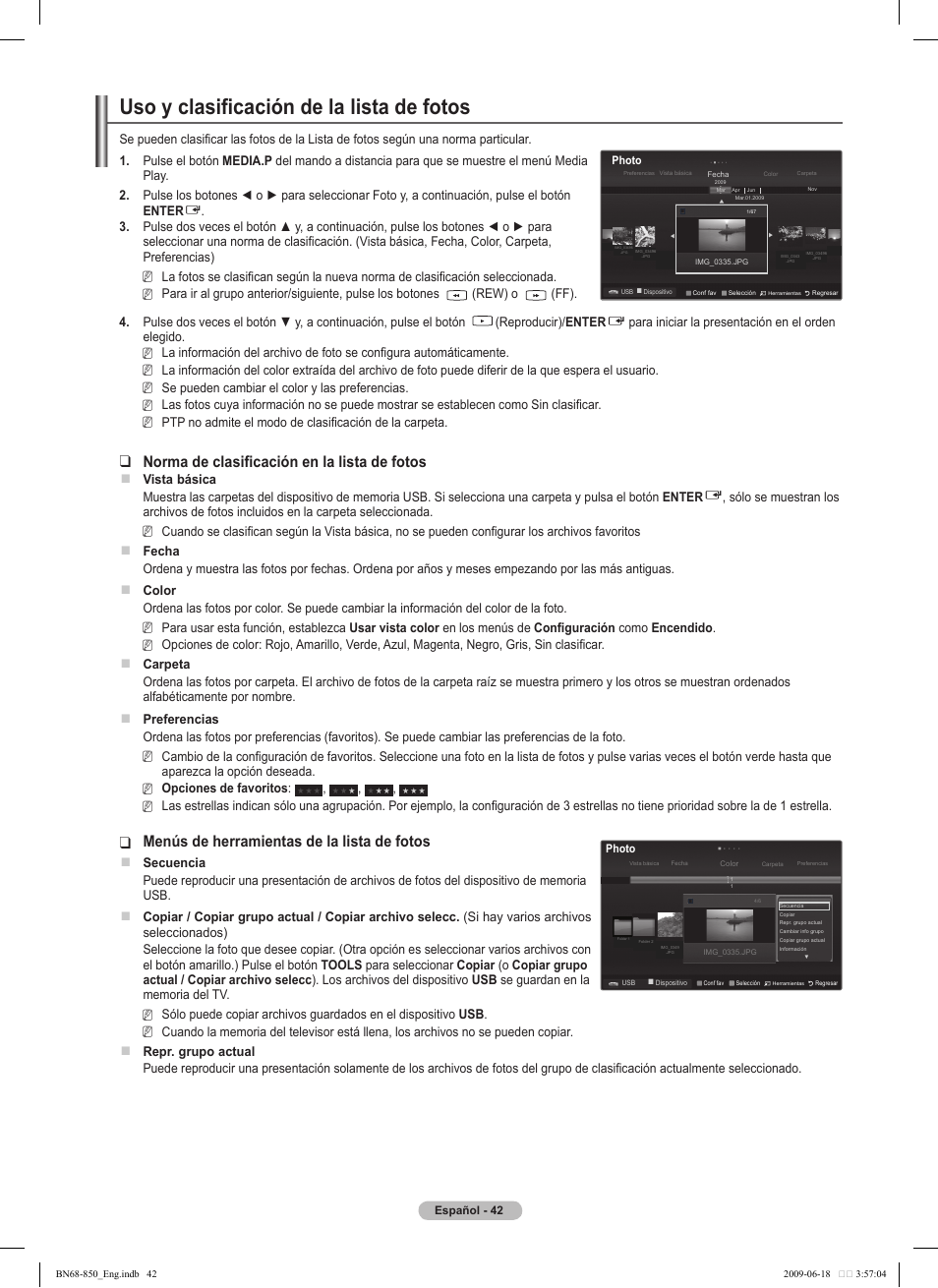 Uso y clasificación de la lista de fotos, Norma de clasificación en la lista de fotos, Menús de herramientas de la lista de fotos | Samsung PN50B860Y2FXZA User Manual | Page 142 / 284
