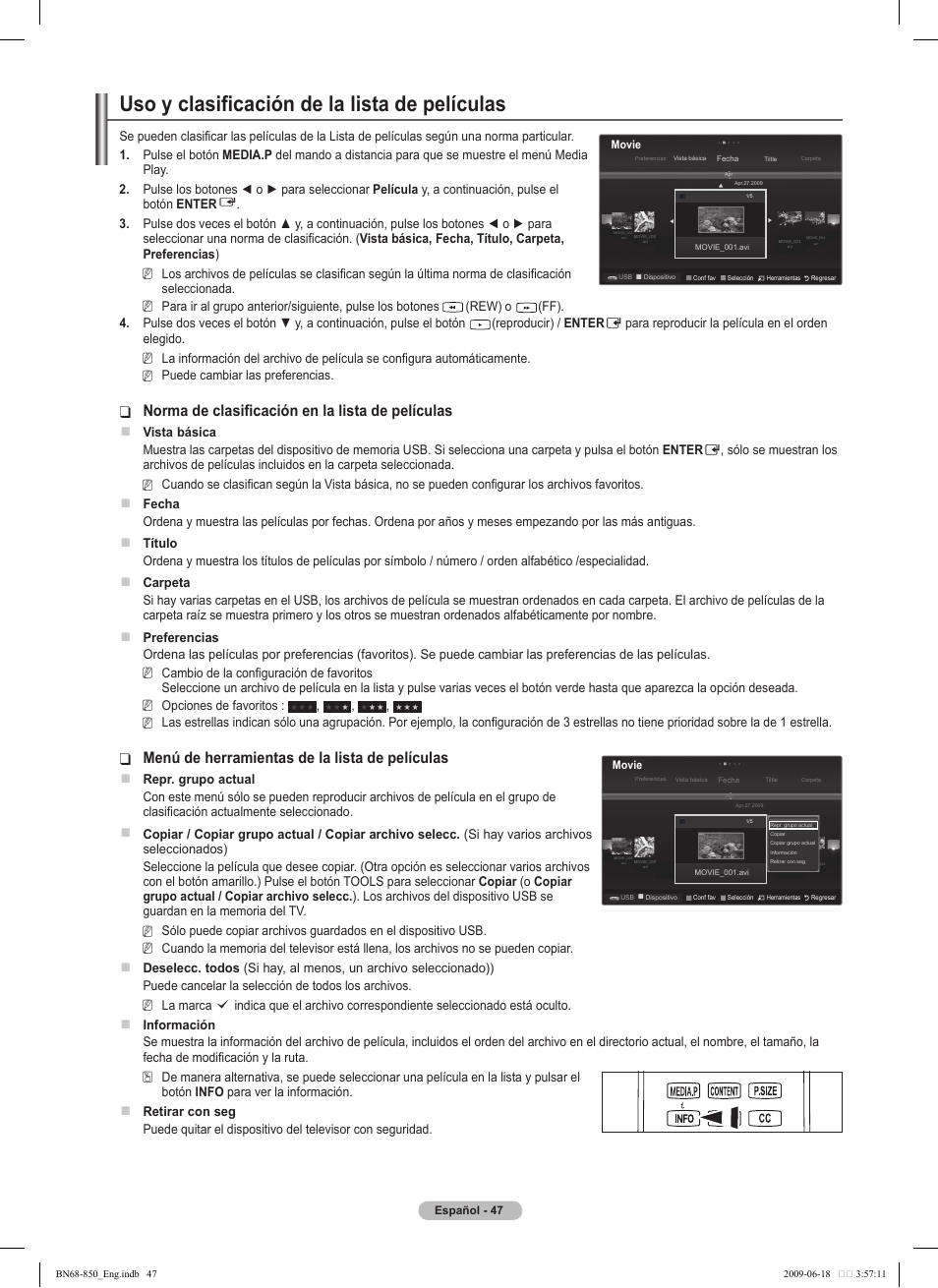 Uso y clasificación de la lista de películas, Norma de clasificación en la lista de películas, Menú de herramientas de la lista de películas | Samsung PN50B860Y2FXZA User Manual | Page 147 / 284