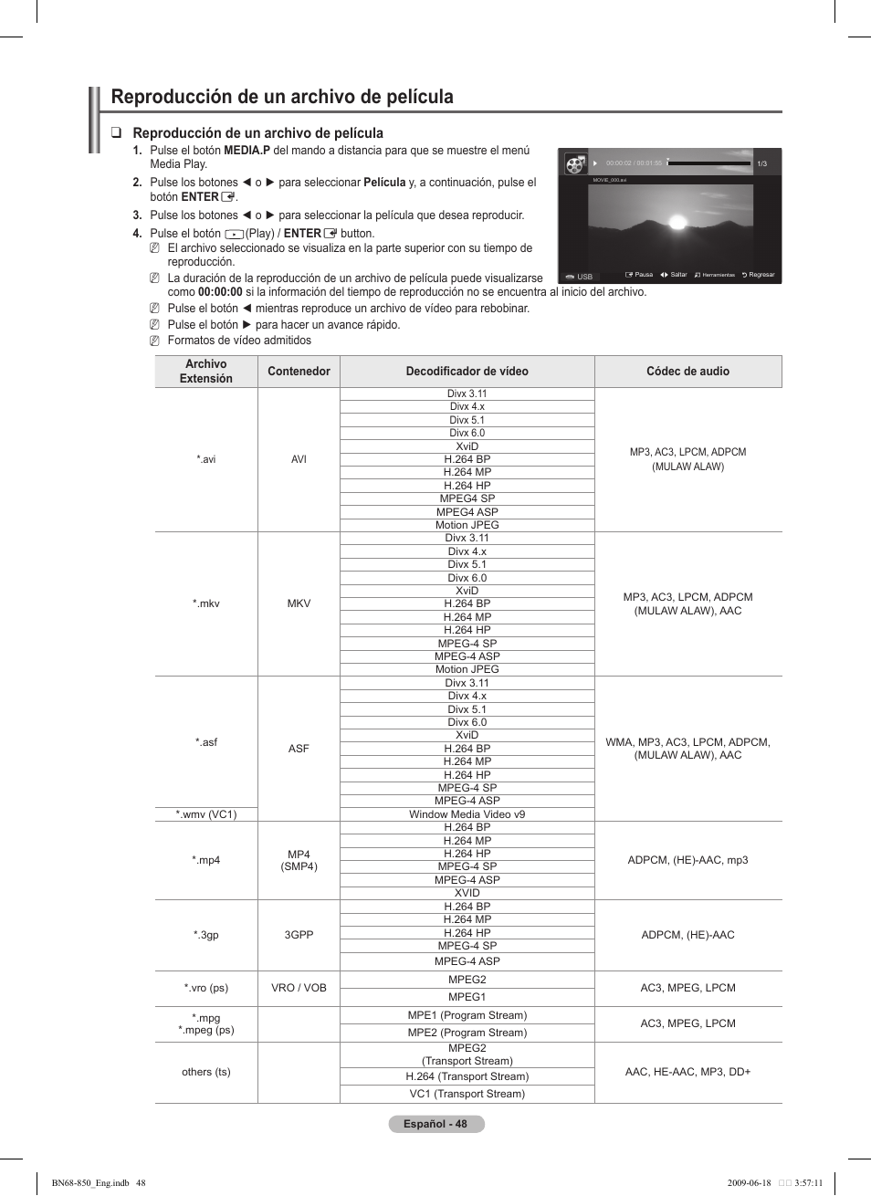 Reproducción de un archivo de película | Samsung PN50B860Y2FXZA User Manual | Page 148 / 284