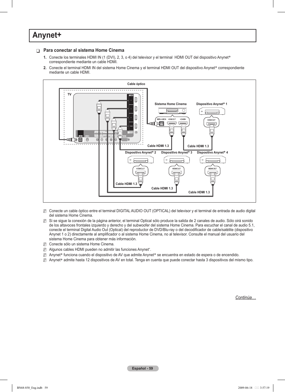 Anynet, Para conectar al sistema home cinema | Samsung PN50B860Y2FXZA User Manual | Page 159 / 284