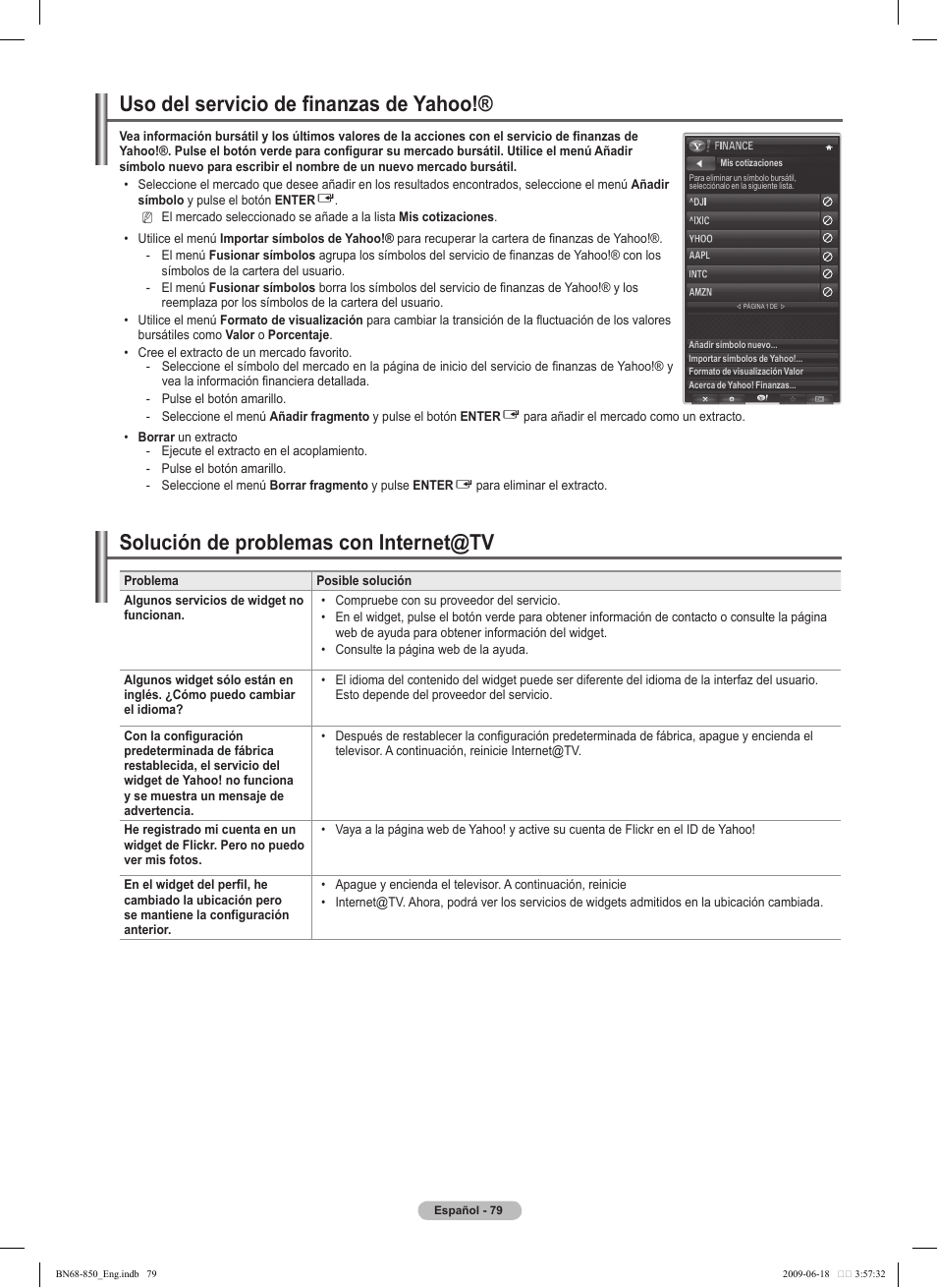 Uso del servicio de finanzas de yahoo, Solución de problemas con internet@tv | Samsung PN50B860Y2FXZA User Manual | Page 179 / 284