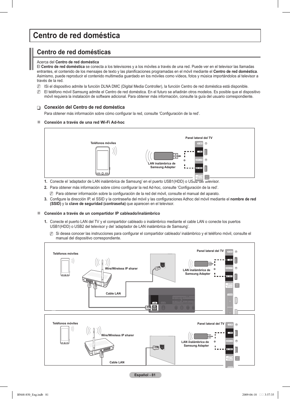 Centro de red doméstica, Centro de red domésticas, Conexión del centro de red doméstica | Samsung PN50B860Y2FXZA User Manual | Page 181 / 284