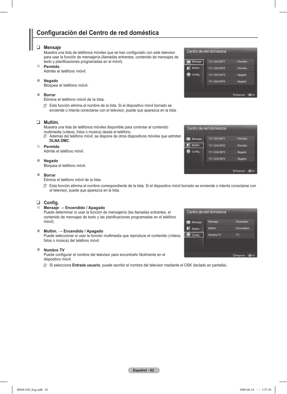 Configuración del centro de red doméstica, Mensaje, Multim | Config | Samsung PN50B860Y2FXZA User Manual | Page 182 / 284