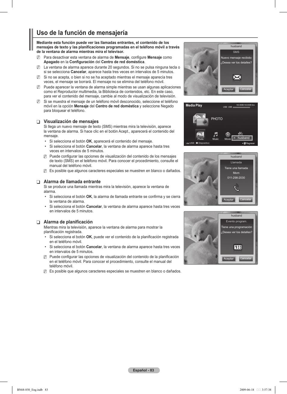 Uso de la función de mensajería, Visualización de mensajes, Alarma de llamada entrante | Alarma de planificación | Samsung PN50B860Y2FXZA User Manual | Page 183 / 284