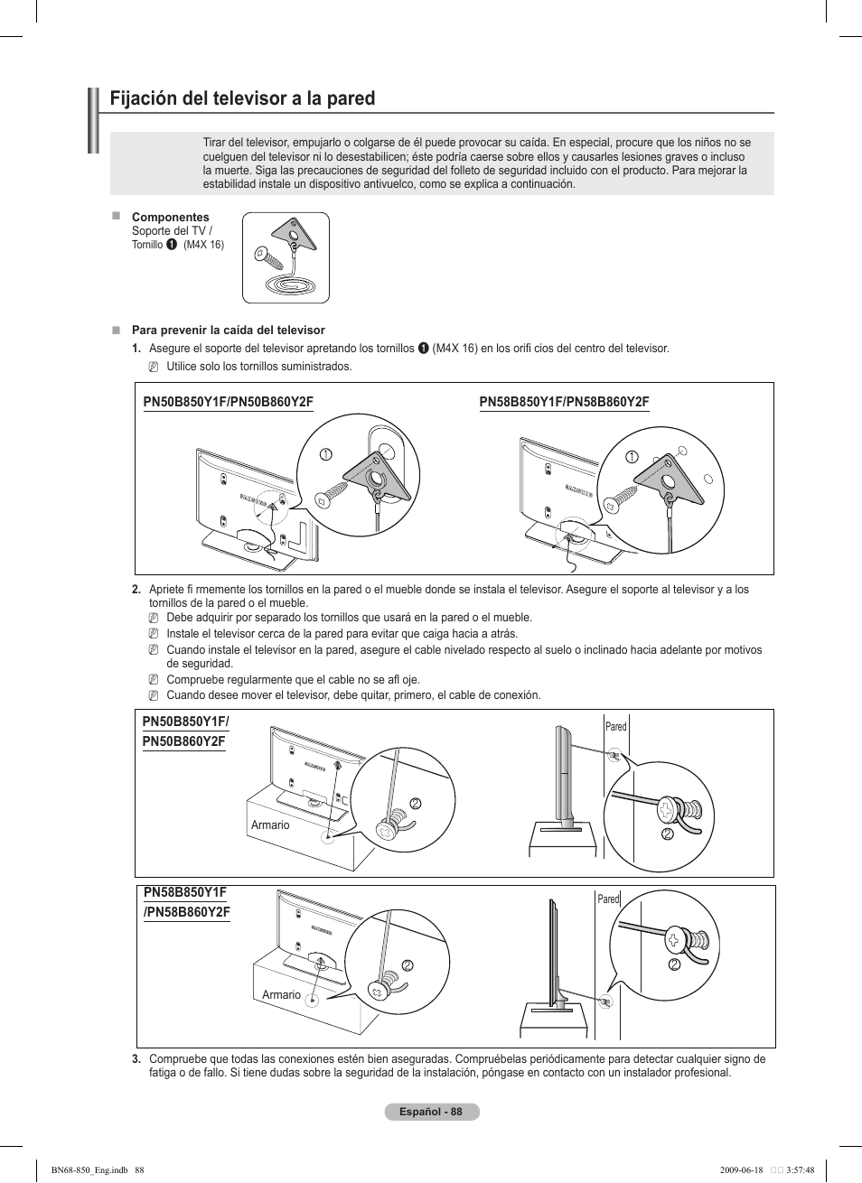 경고 주의 경고 주의, Fijación del televisor a la pared | Samsung PN50B860Y2FXZA User Manual | Page 188 / 284