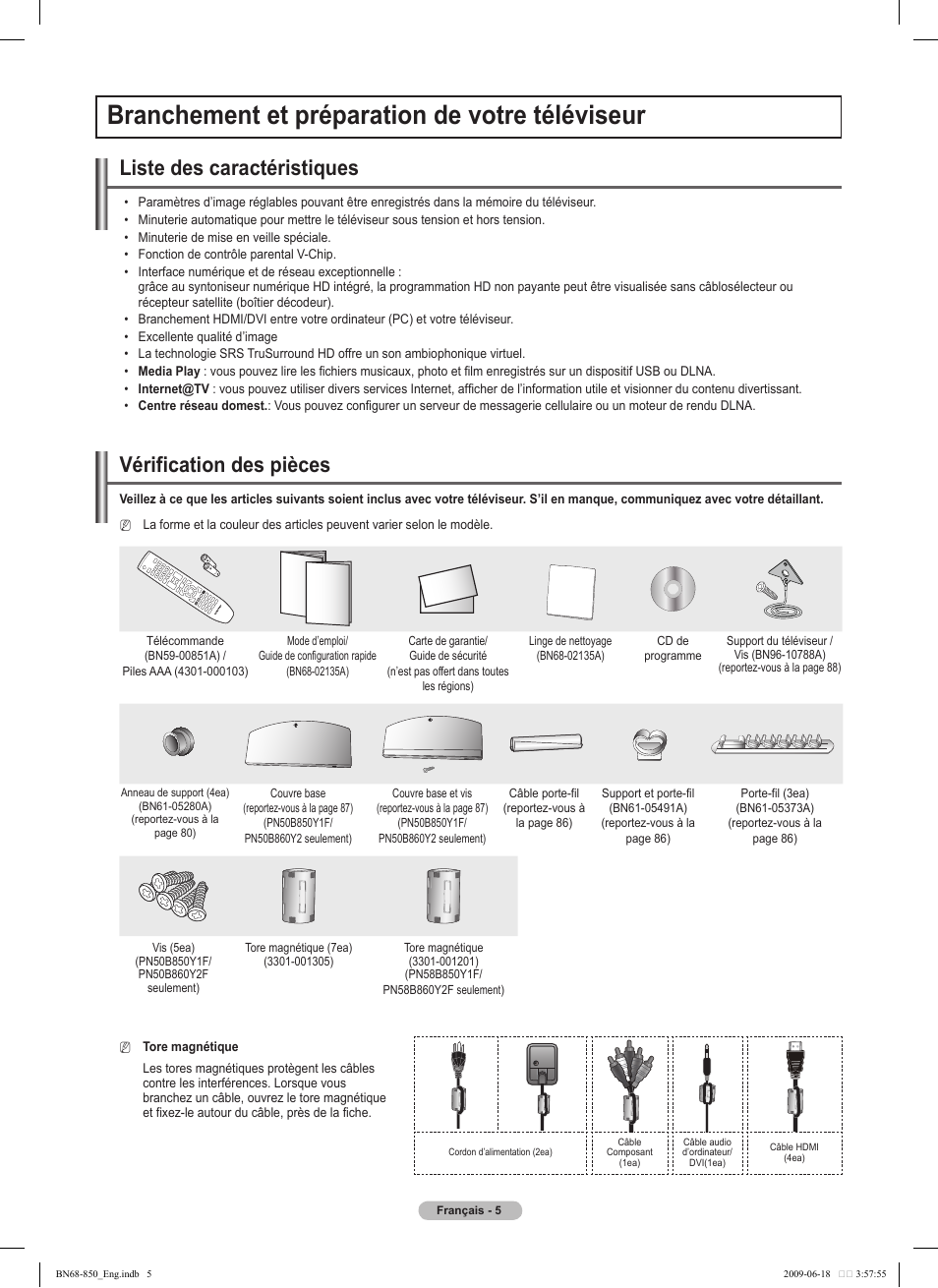 Branchement et préparation de votre téléviseur, Liste des caractéristiques, Vérification des pièces | Samsung PN50B860Y2FXZA User Manual | Page 197 / 284