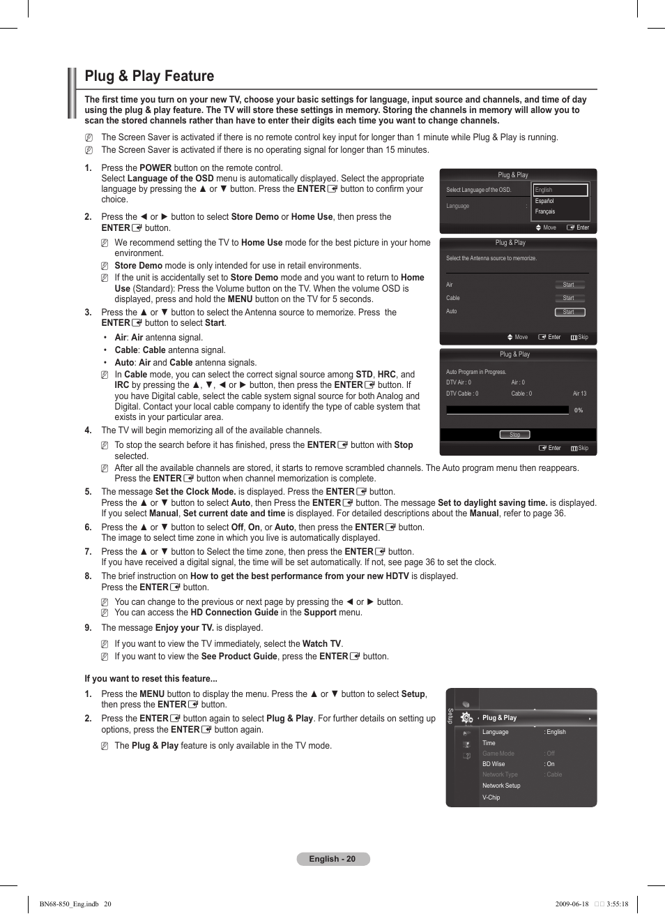 Plug & play feature | Samsung PN50B860Y2FXZA User Manual | Page 20 / 284