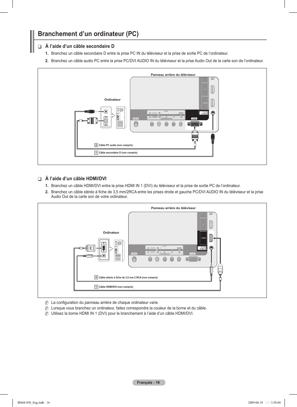 Branchement d’un ordinateur (pc), À l’aide d’un câble secondaire d, À l’aide d’un câble hdmi/dvi | Samsung PN50B860Y2FXZA User Manual | Page 208 / 284