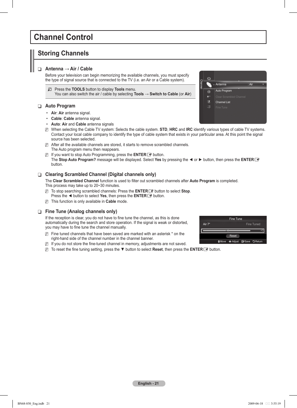 Channel control, Storing channels, Antenna→air/cable | Auto program, Clearing scrambled channel (digital channels only), Fine tune (analog channels only) | Samsung PN50B860Y2FXZA User Manual | Page 21 / 284