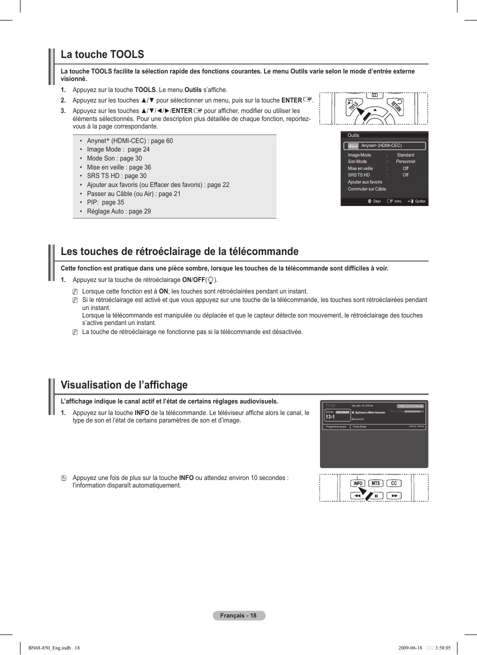 Visualisation de l’affichage, Les touches de rétroéclairage de la télécommande, La touche tools | Samsung PN50B860Y2FXZA User Manual | Page 210 / 284