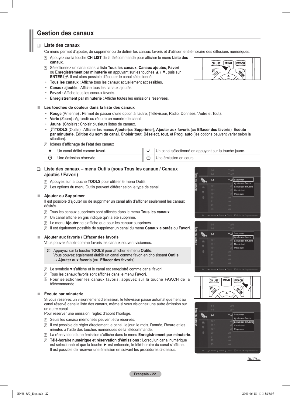 Gestion des canaux, Liste des canaux, Suite | Samsung PN50B860Y2FXZA User Manual | Page 214 / 284