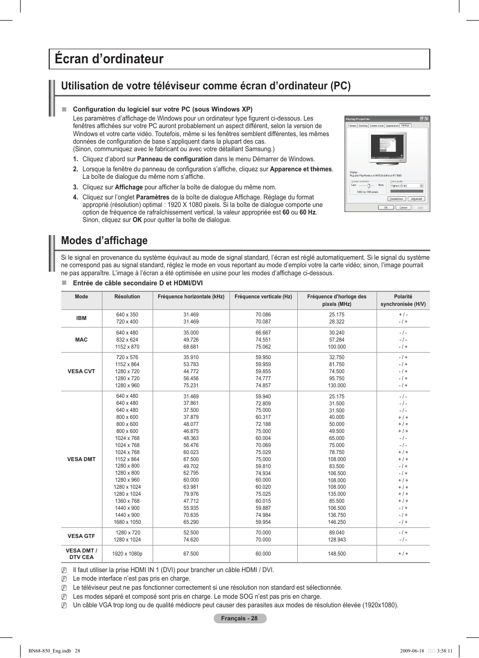 Écran d’ordinateur, Modes d’affichage | Samsung PN50B860Y2FXZA User Manual | Page 220 / 284