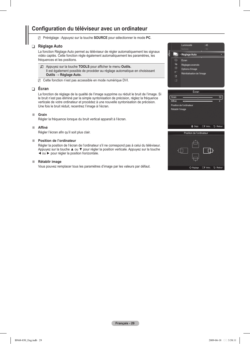 Configuration du téléviseur avec un ordinateur, Réglage auto, Écran | Samsung PN50B860Y2FXZA User Manual | Page 221 / 284