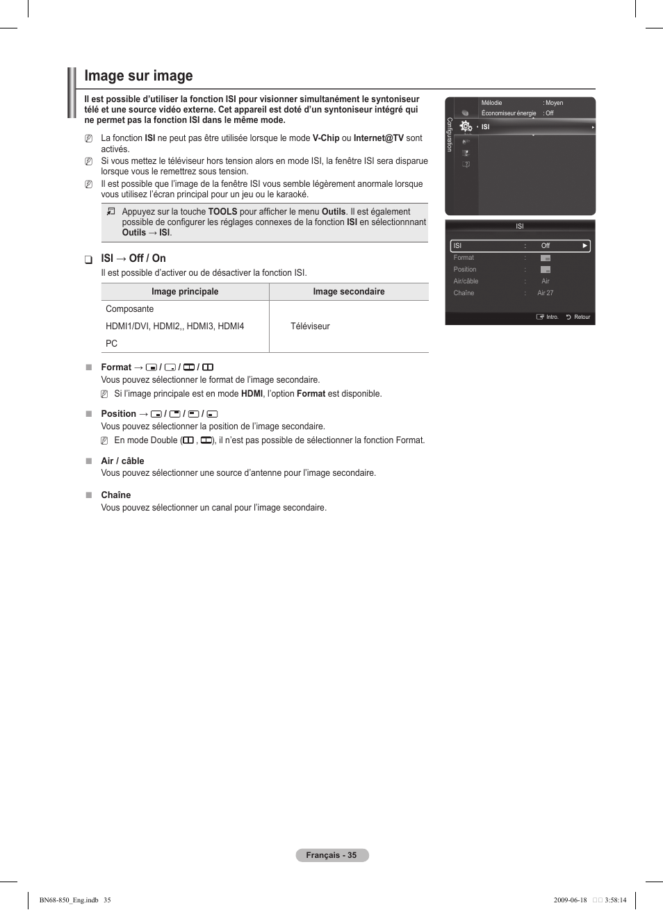 Image sur image, Isi→off/on | Samsung PN50B860Y2FXZA User Manual | Page 227 / 284
