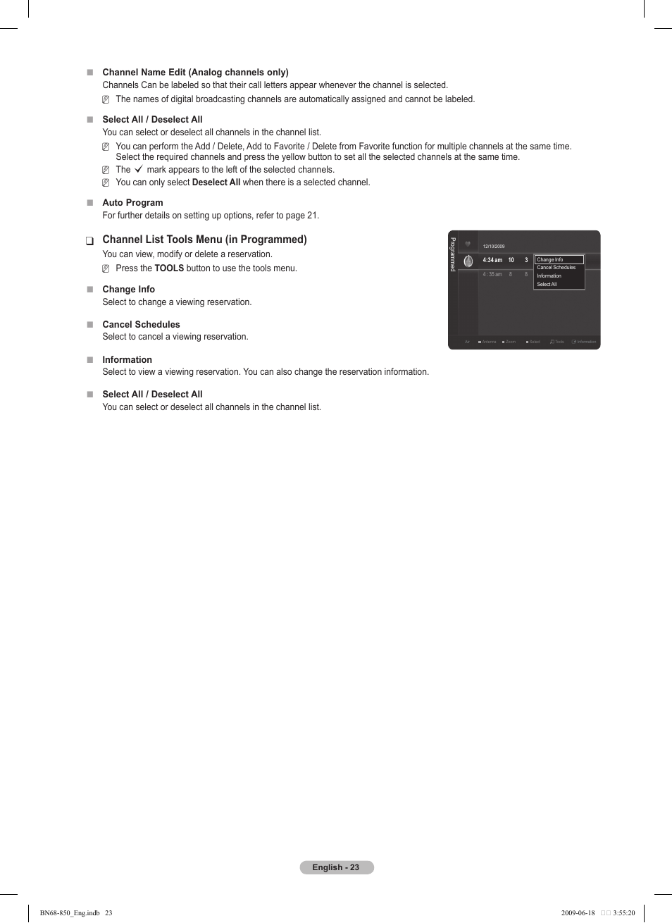 Channel list tools menu (in programmed) | Samsung PN50B860Y2FXZA User Manual | Page 23 / 284
