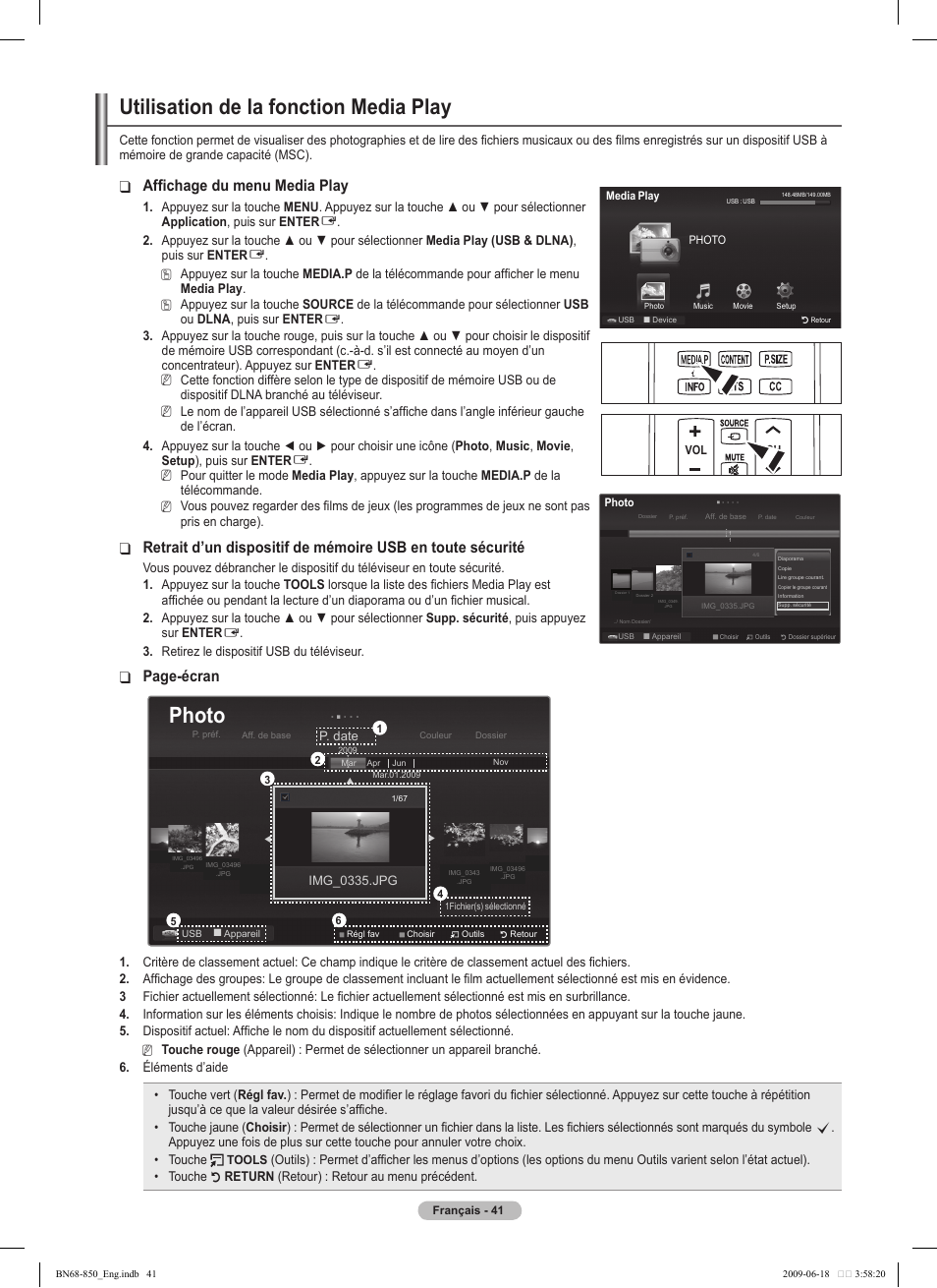 Utilisation de la fonction media play, Photo, Affichage du menu media play | Page-écran | Samsung PN50B860Y2FXZA User Manual | Page 233 / 284