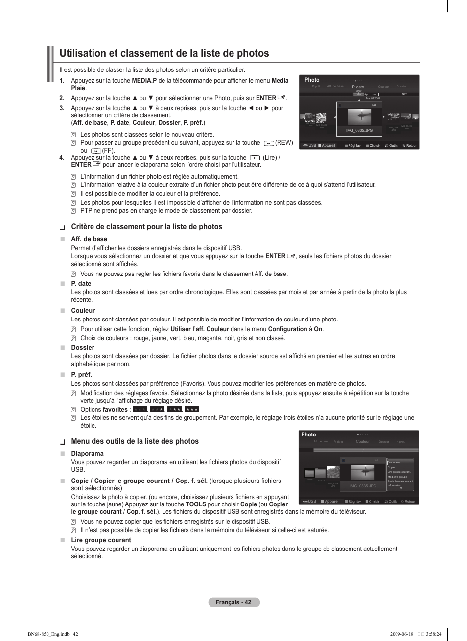 Utilisation et classement de la liste de photos, Critère de classement pour la liste de photos, Menu des outils de la liste des photos | Samsung PN50B860Y2FXZA User Manual | Page 234 / 284