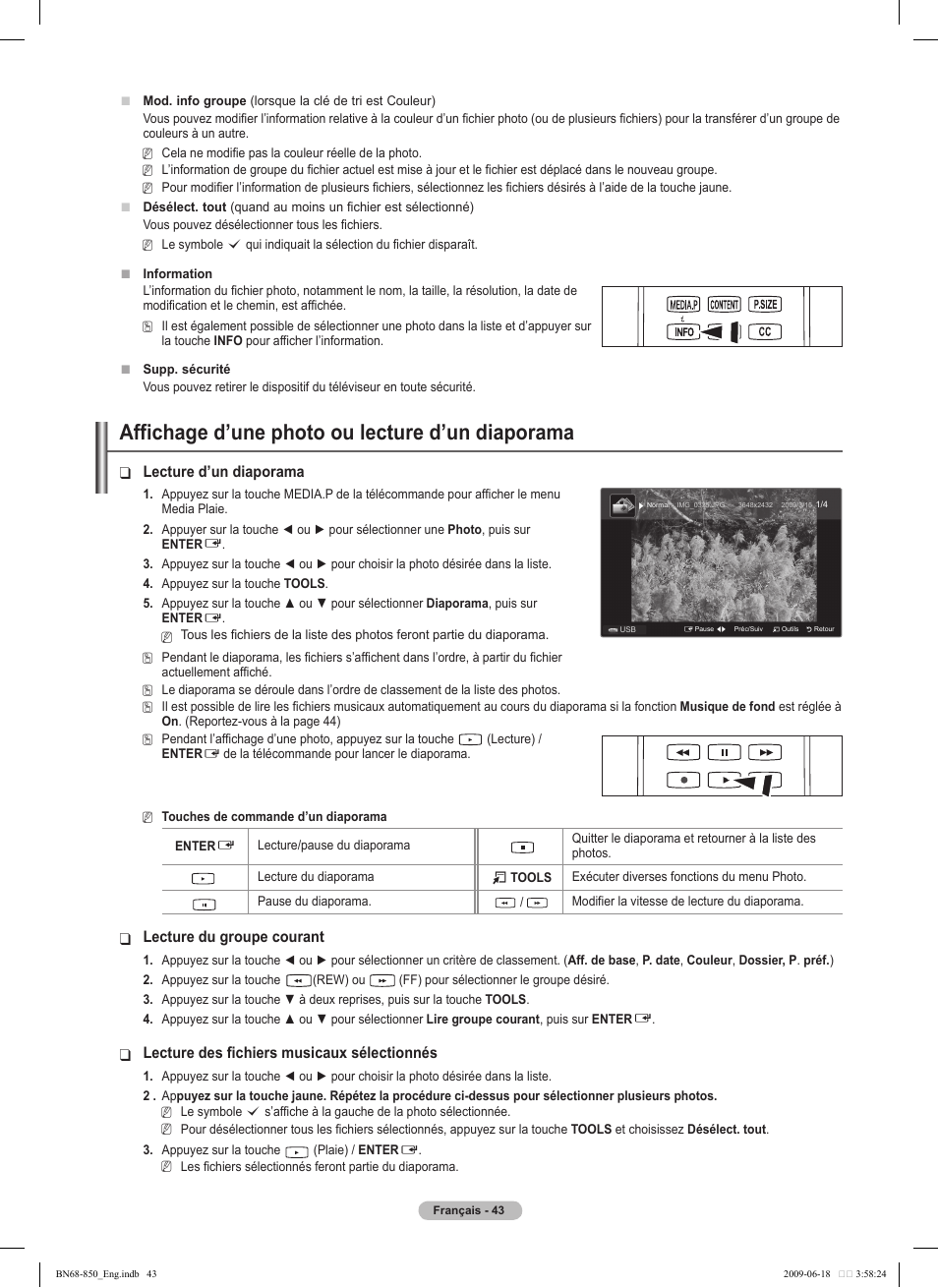 Affichage d’une photo ou lecture d’un diaporama, Lecture d’un diaporama, Lecture du groupe courant | Lecture des fichiers musicaux sélectionnés | Samsung PN50B860Y2FXZA User Manual | Page 235 / 284