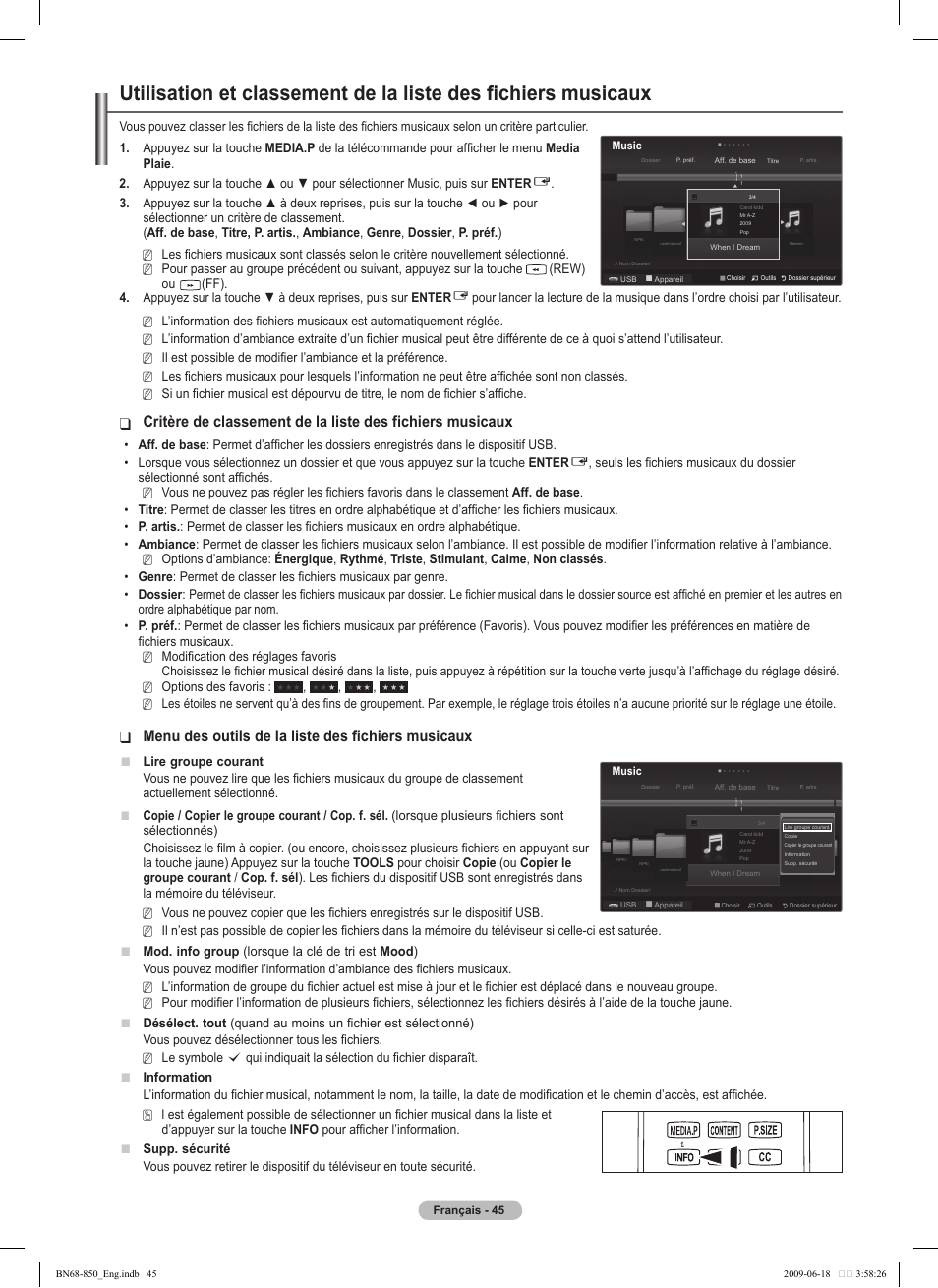 Menu des outils de la liste des fichiers musicaux | Samsung PN50B860Y2FXZA User Manual | Page 237 / 284
