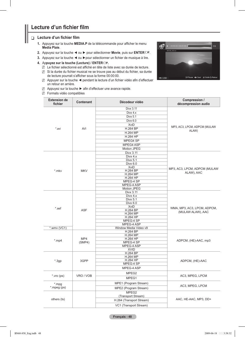 Lecture d’un fichier film | Samsung PN50B860Y2FXZA User Manual | Page 240 / 284