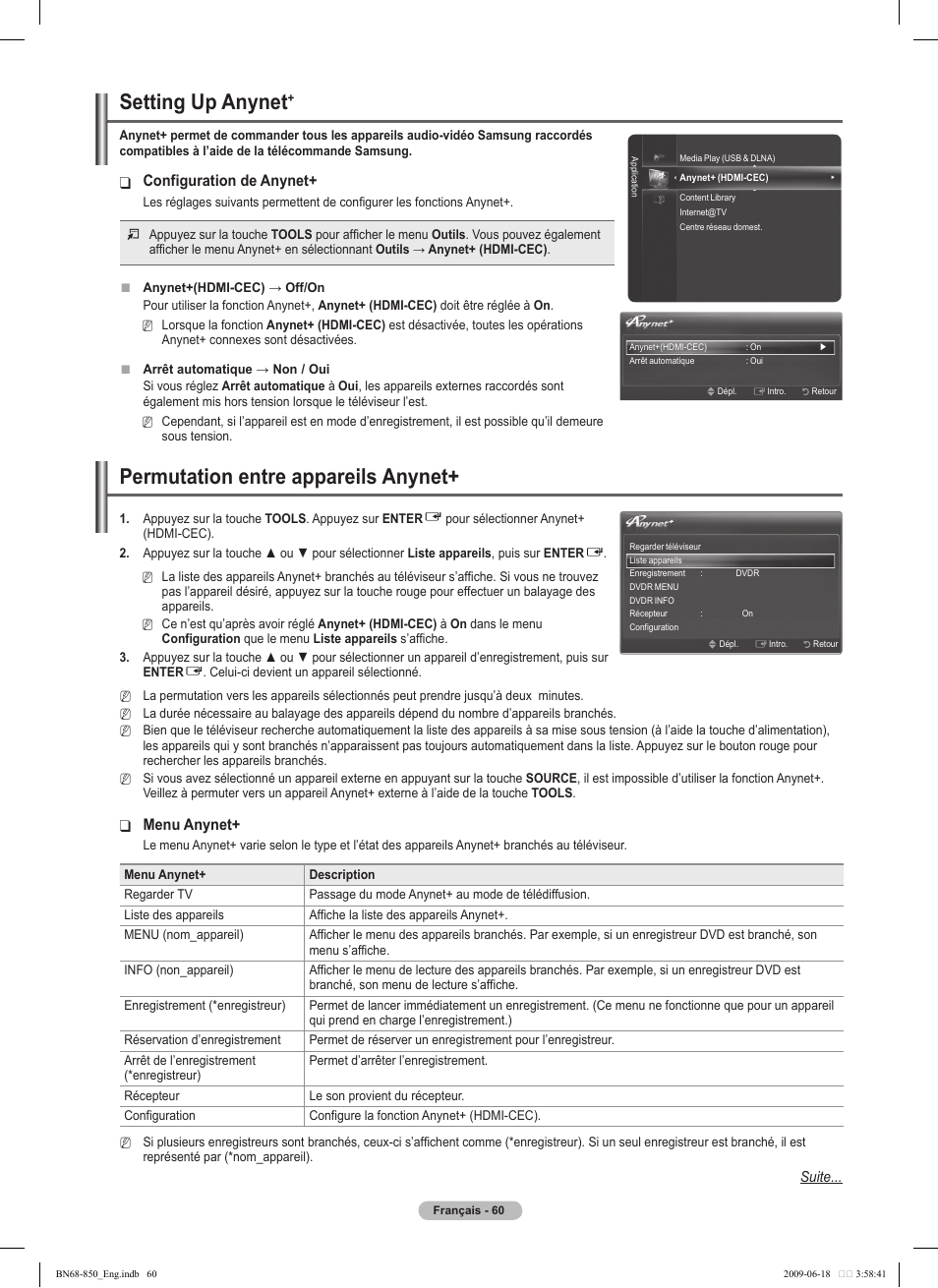 Setting up anynet, Permutation entre appareils anynet, Configuration de anynet | Menu anynet | Samsung PN50B860Y2FXZA User Manual | Page 252 / 284