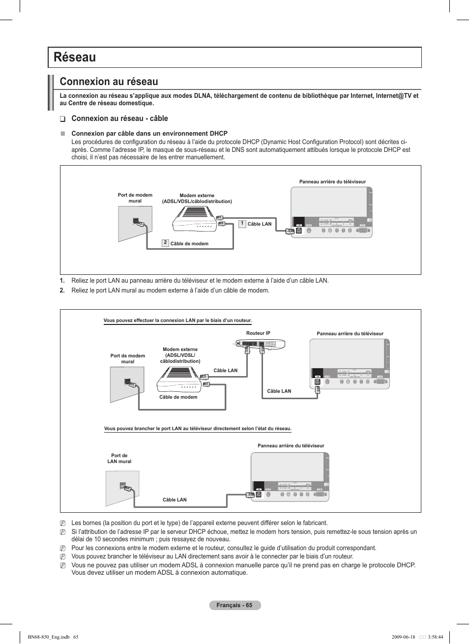Réseau, Connexion au réseau, Connexion au réseau - câble | Samsung PN50B860Y2FXZA User Manual | Page 257 / 284