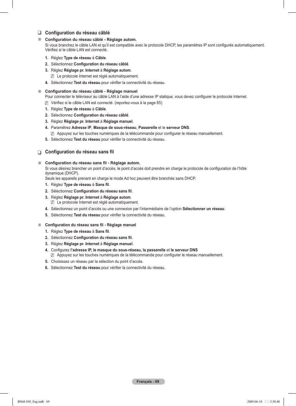 Configuration du réseau câblé, Configuration du réseau sans fil | Samsung PN50B860Y2FXZA User Manual | Page 261 / 284