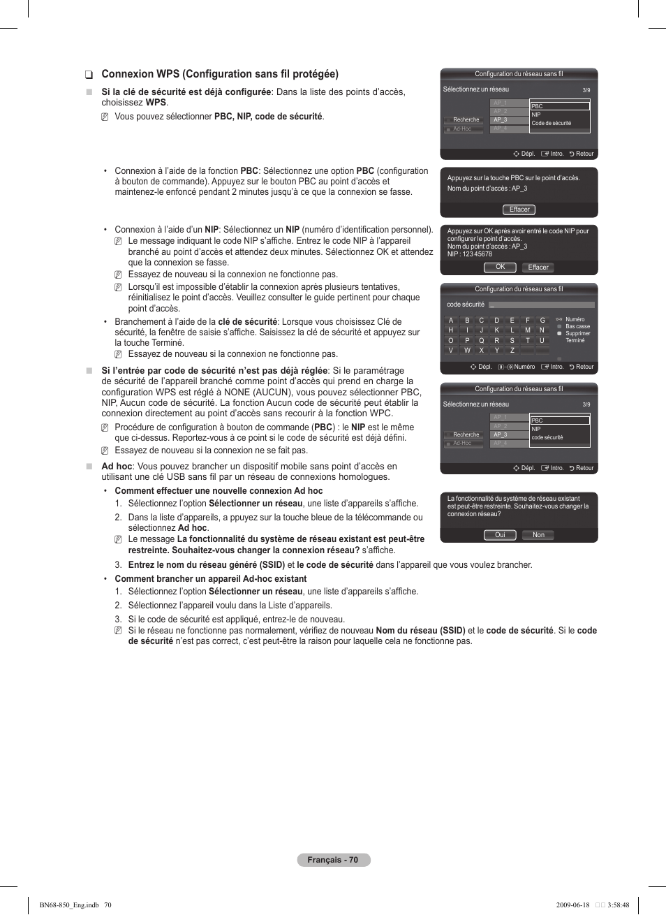 Connexion wps (configuration sans fil protégée) | Samsung PN50B860Y2FXZA User Manual | Page 262 / 284
