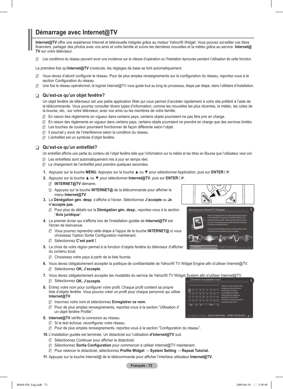 Démarrage avec internet@tv, Qu’est-ce qu’un objet fenêtre, Qu’est-ce qu’un entrefilet | Samsung PN50B860Y2FXZA User Manual | Page 264 / 284