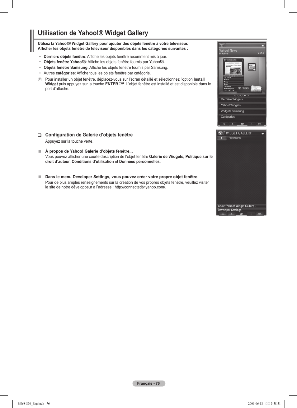 Utilisation de yahoo!® widget gallery | Samsung PN50B860Y2FXZA User Manual | Page 268 / 284