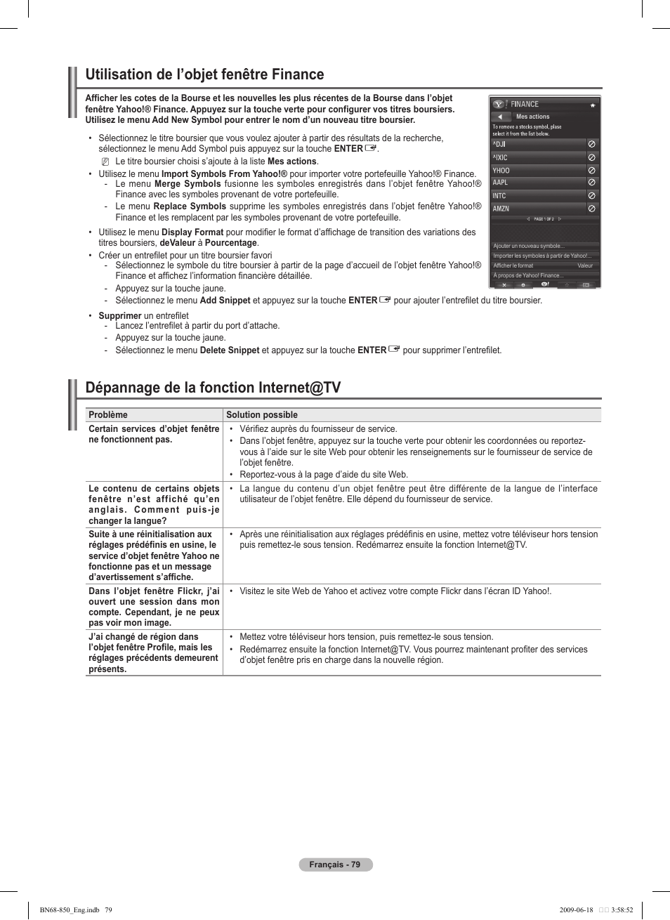 Utilisation de l’objet fenêtre finance, Dépannage de la fonction internet@tv | Samsung PN50B860Y2FXZA User Manual | Page 271 / 284