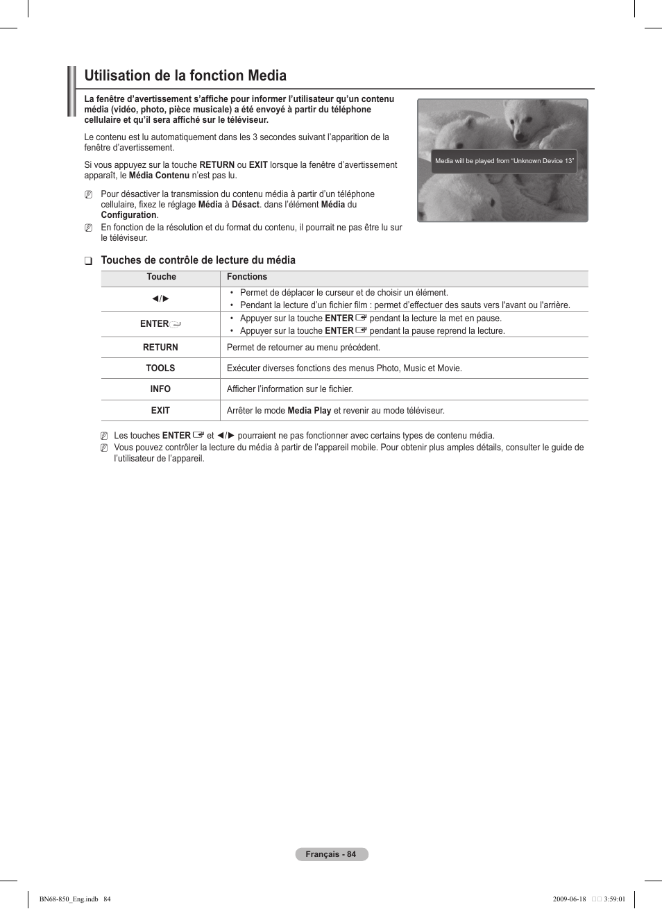 Utilisation de la fonction media | Samsung PN50B860Y2FXZA User Manual | Page 276 / 284