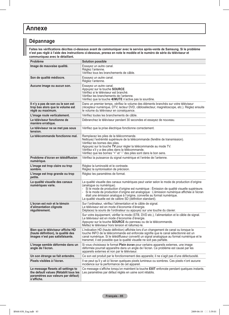 Annexe, Dépannage | Samsung PN50B860Y2FXZA User Manual | Page 277 / 284