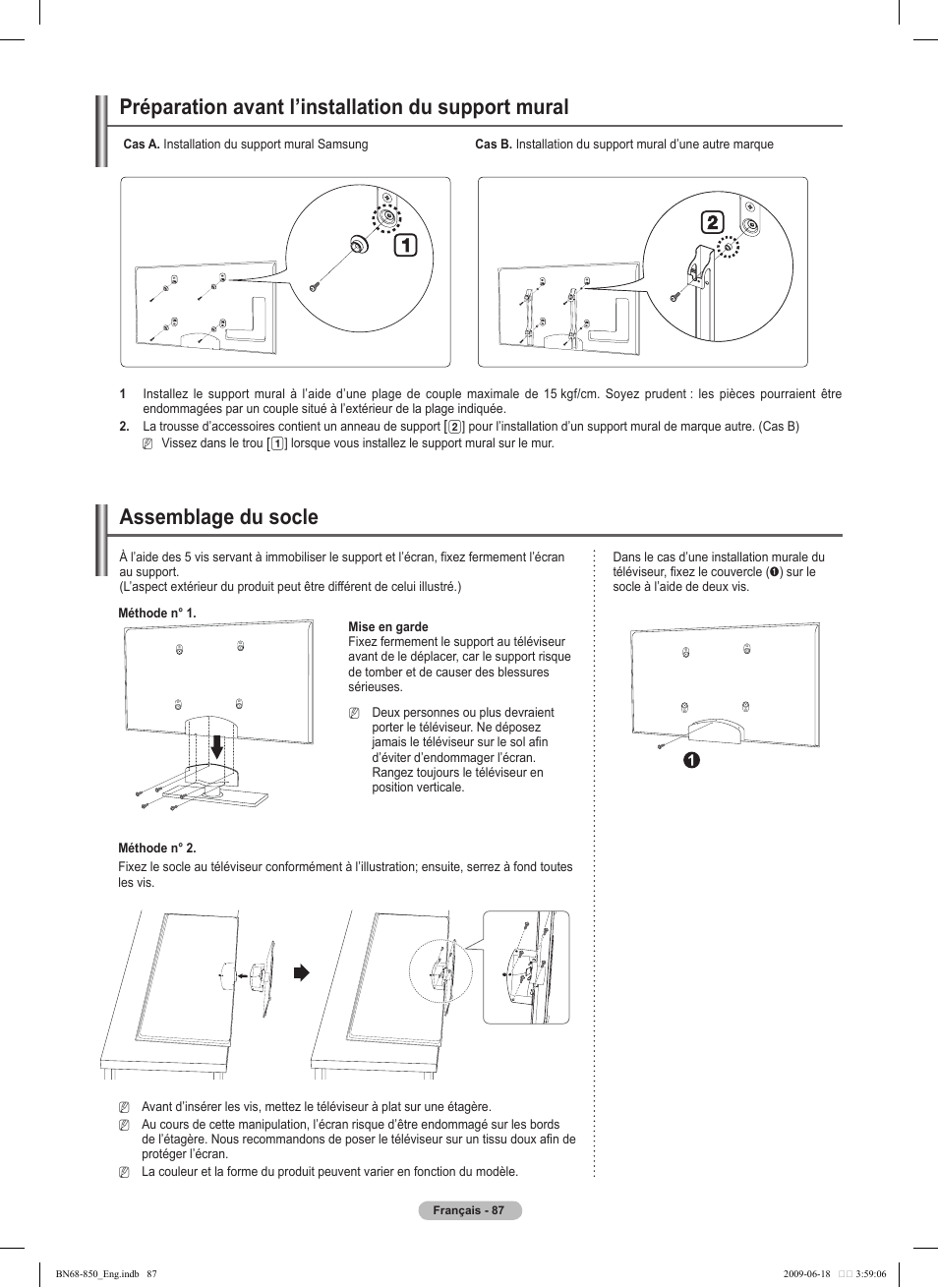 Préparation avant l’installation du support mural, Assemblage du socle | Samsung PN50B860Y2FXZA User Manual | Page 279 / 284