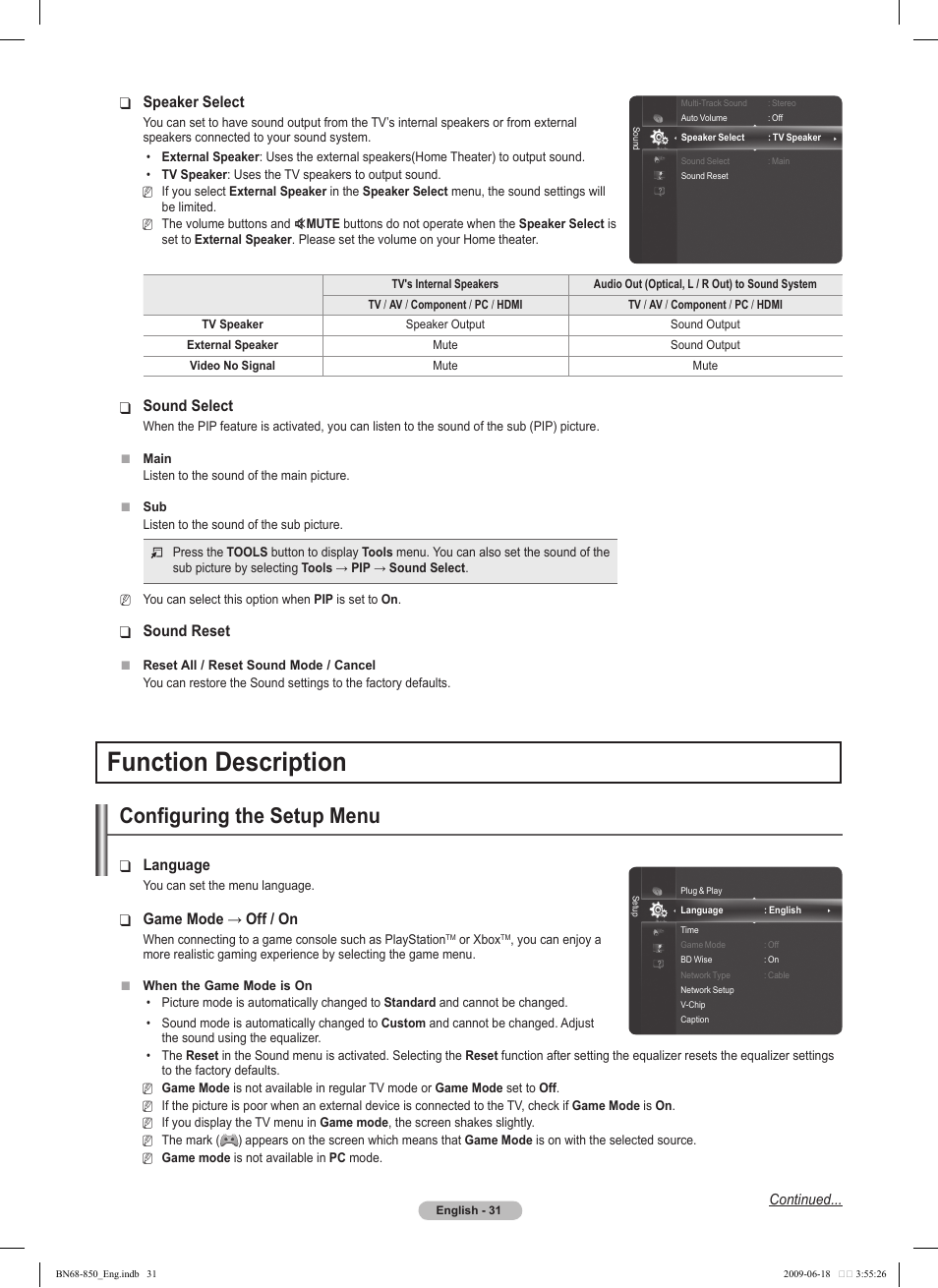 Function description, Configuring the setup menu, Speaker select | Sound select, Sound reset, Language, Gamemode→off/on | Samsung PN50B860Y2FXZA User Manual | Page 31 / 284
